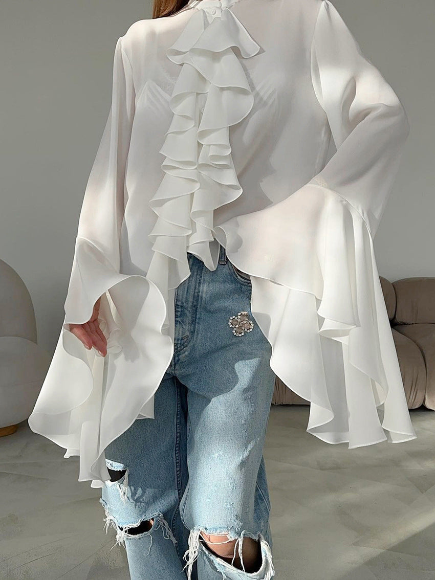 Classic Chiffon Trumpet Sleeve Ruffle Blouse