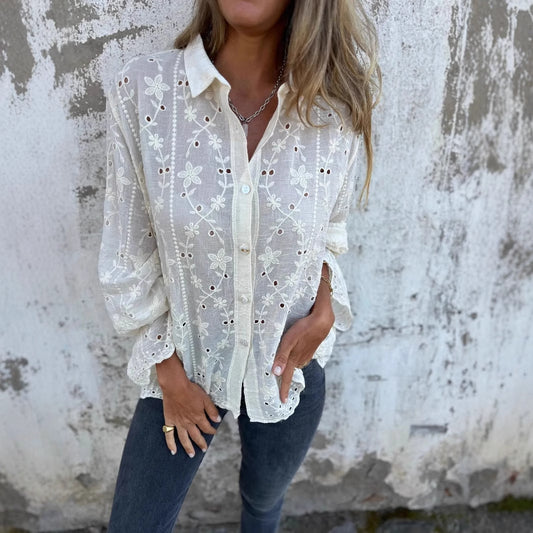 Classic Solid Color Embroidered Hollow Cotton and Linen Shirt