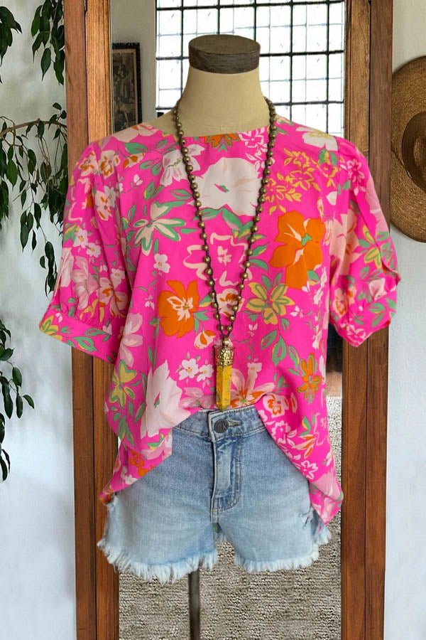 Vibrant Floral Print Puff Sleeve Blouse
