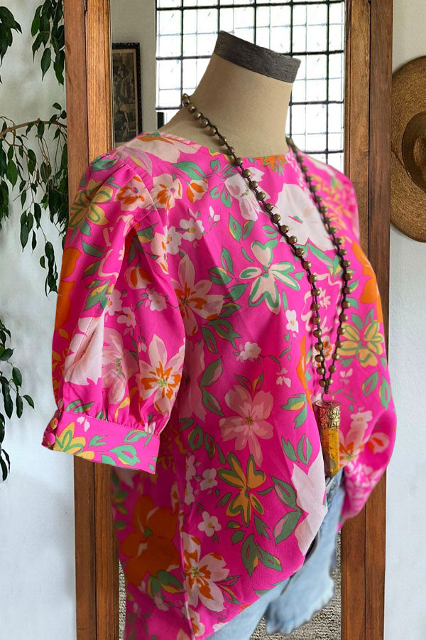 Vibrant Floral Print Puff Sleeve Blouse