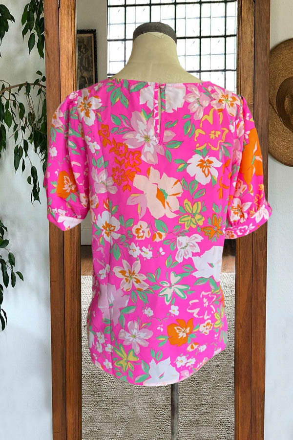 Vibrant Floral Print Puff Sleeve Blouse