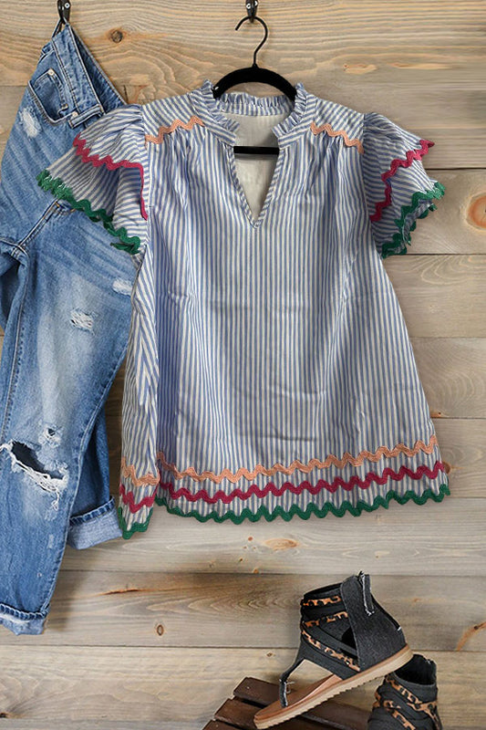 Multicolor Wave Trim Striped Blouse