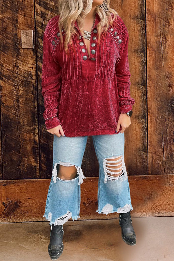 Pleated Metal Stud Velvet Top