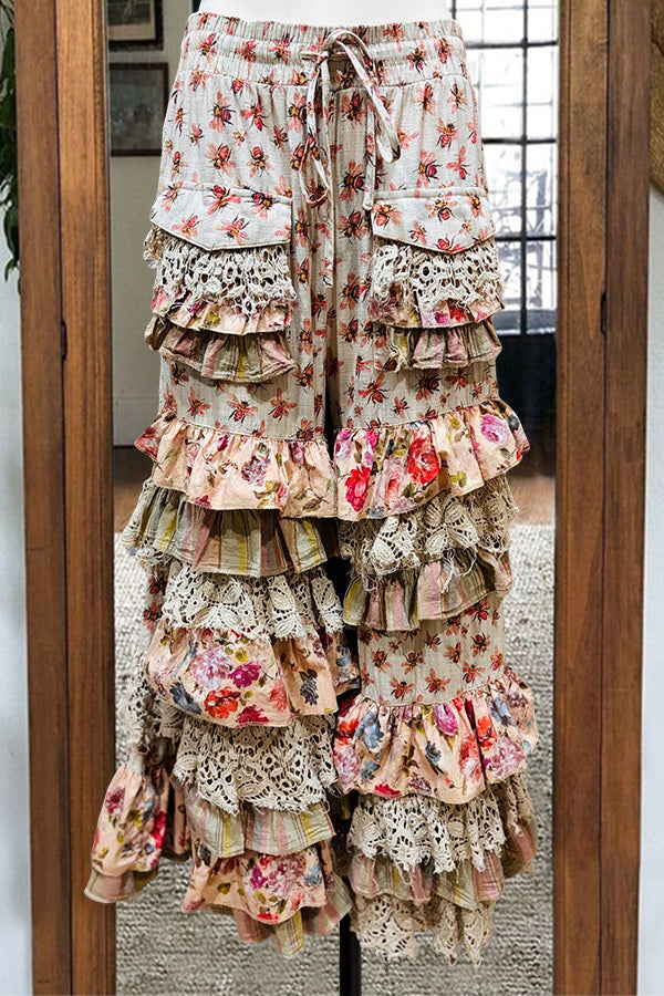 Mixed Floral Ruffles Layered Trousers
