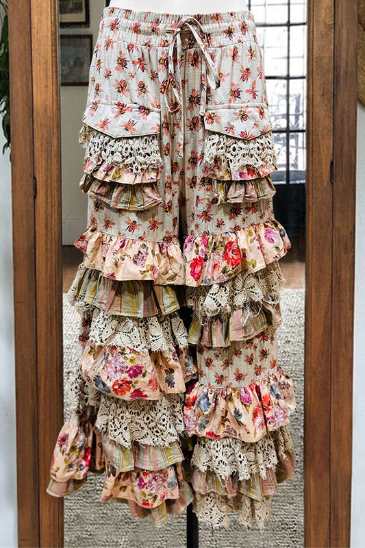 Mixed Floral Ruffles Layered Trousers