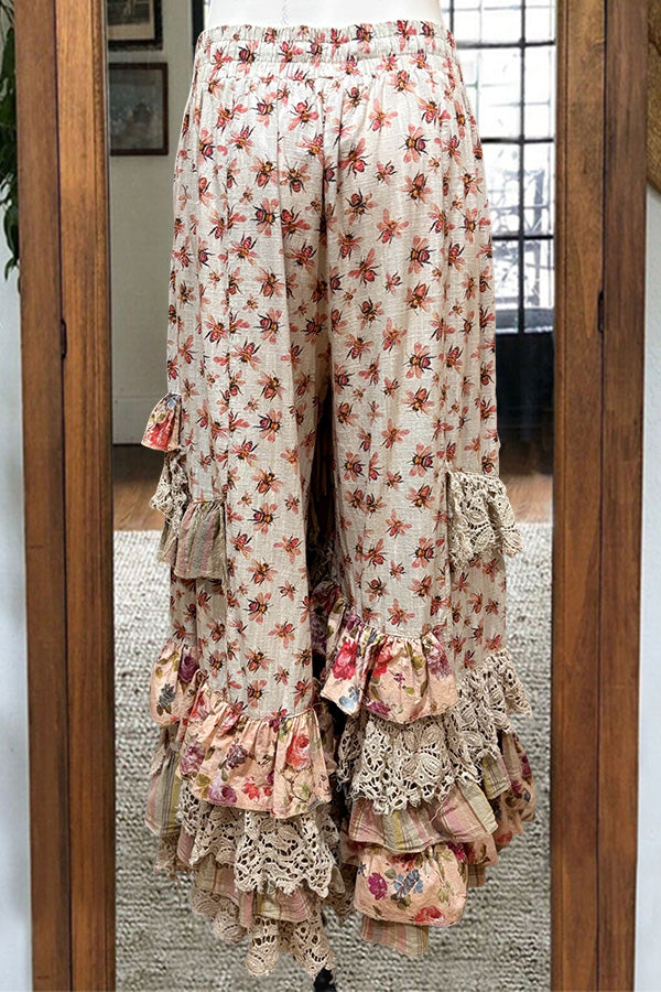 Mixed Floral Ruffles Layered Trousers
