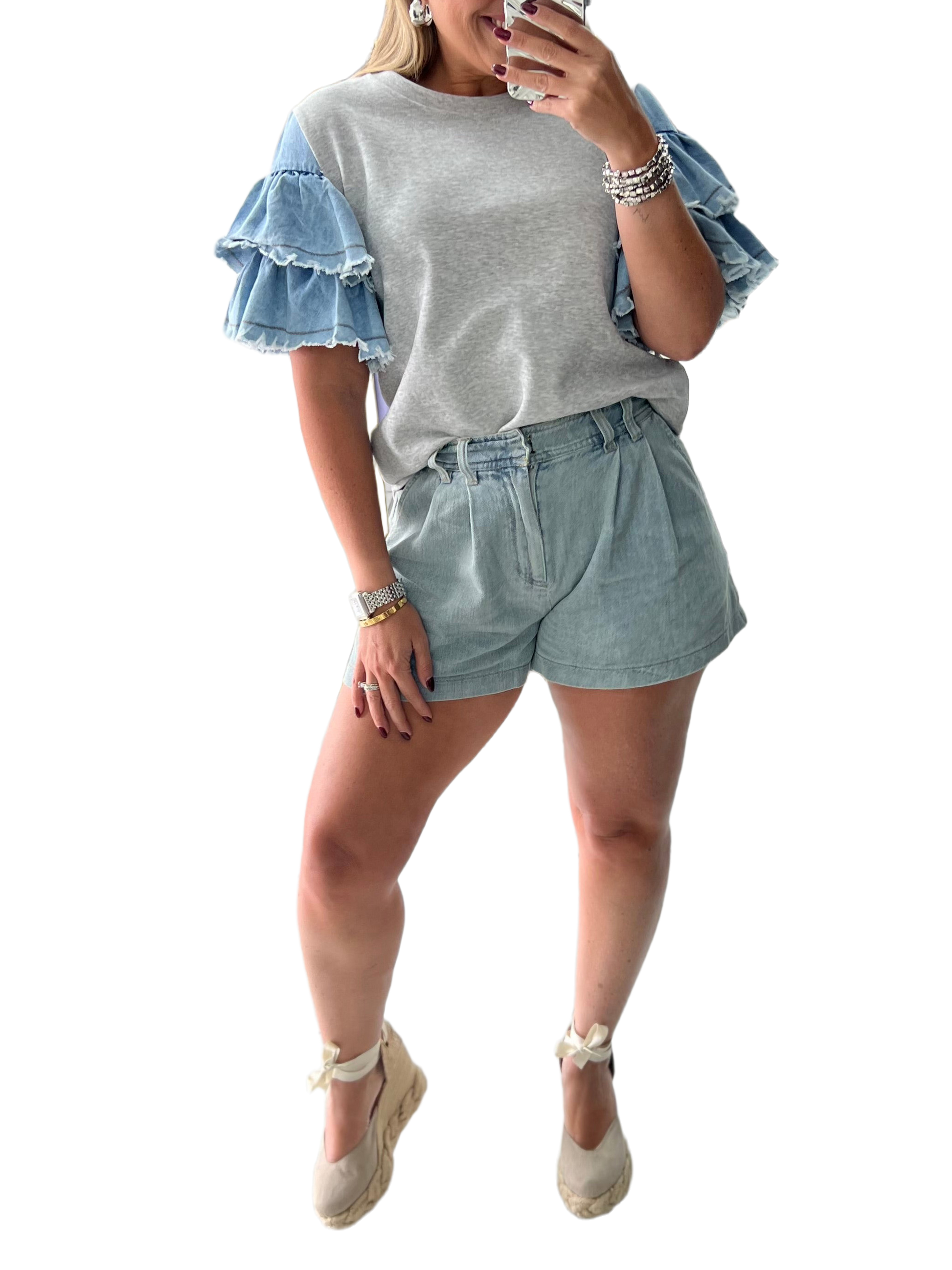 Denim Ruffle Sleeve Patchwork Knitted T-Shirt