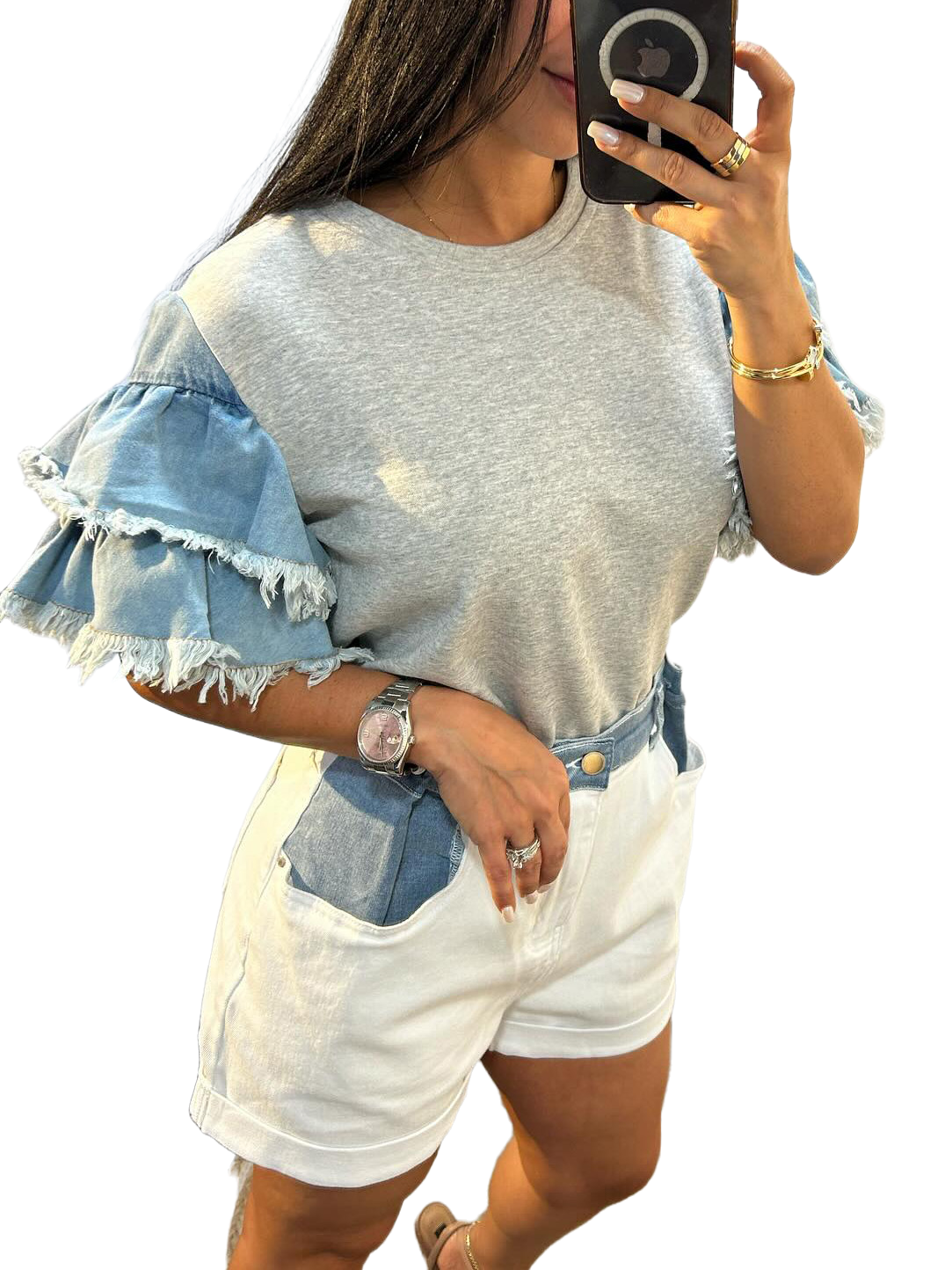 Denim Ruffle Sleeve Patchwork Knitted T-Shirt