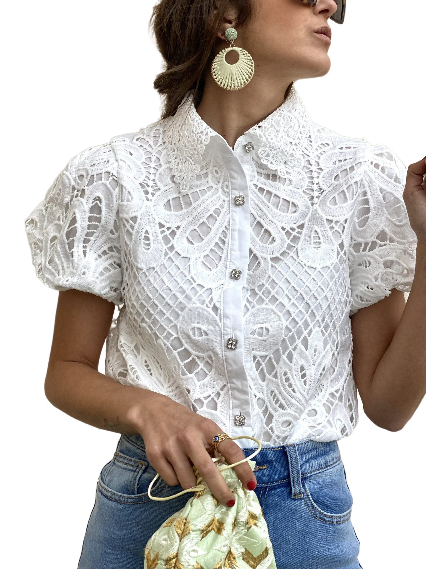 Lace Hollow Puff Sleeve Shirt