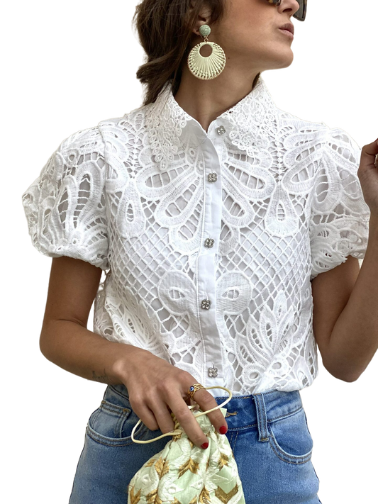 Lace Hollow Puff Sleeve Shirt