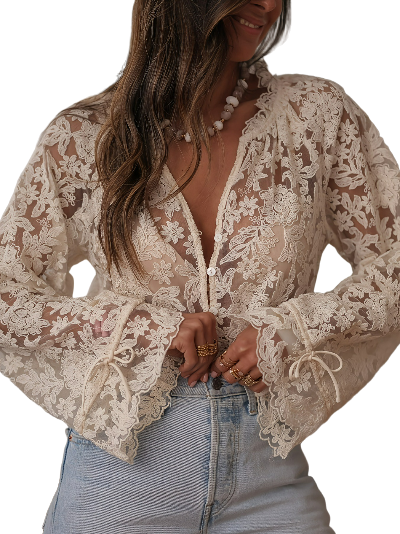 Lace Sheer Trumpet Sleeve Blouse