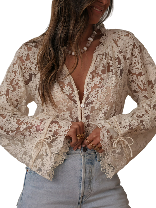 Lace Sheer Trumpet Sleeve Blouse