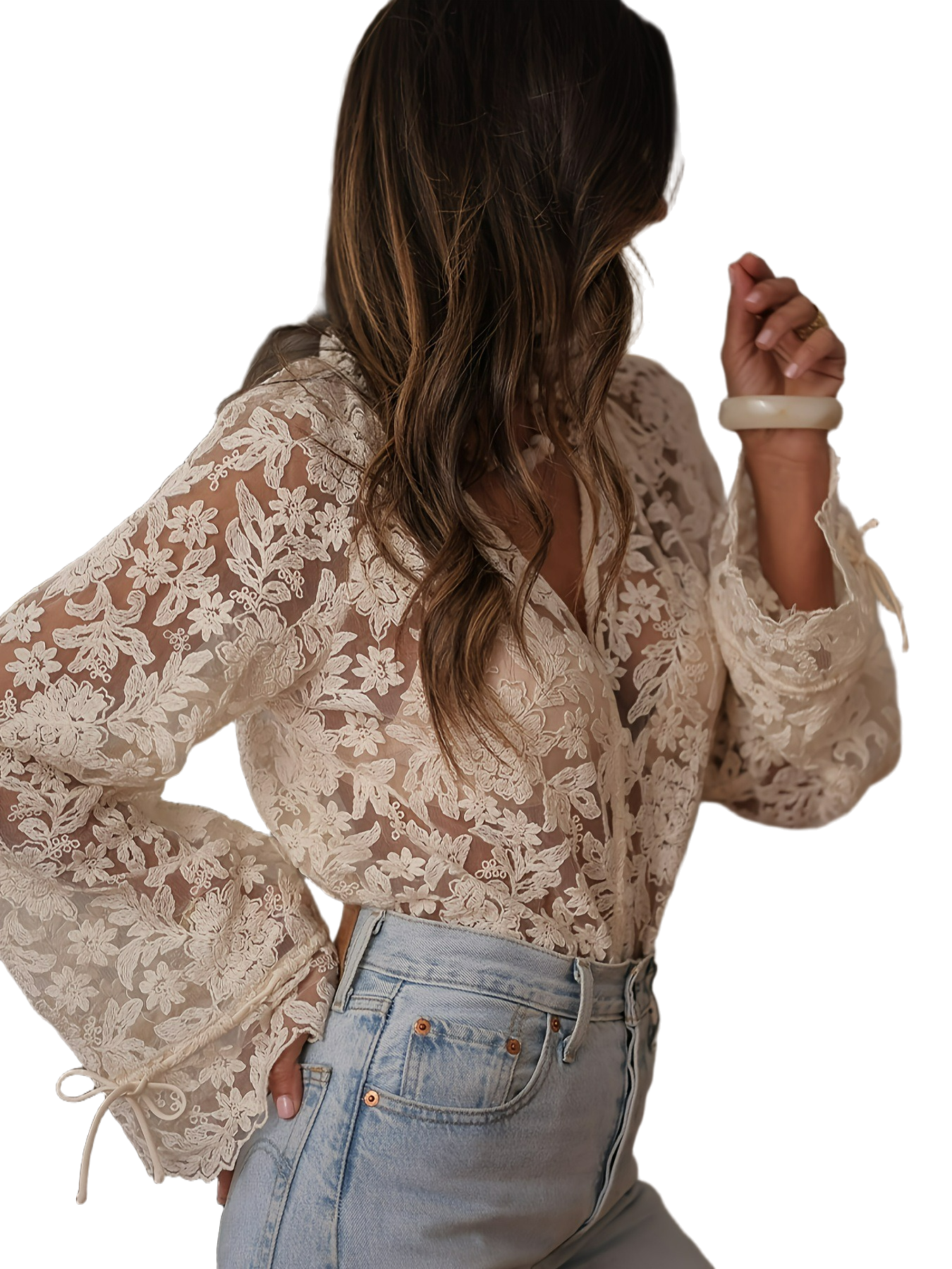 Lace Sheer Trumpet Sleeve Blouse