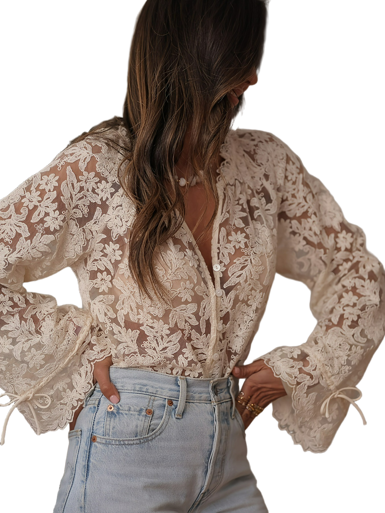 Lace Sheer Trumpet Sleeve Blouse