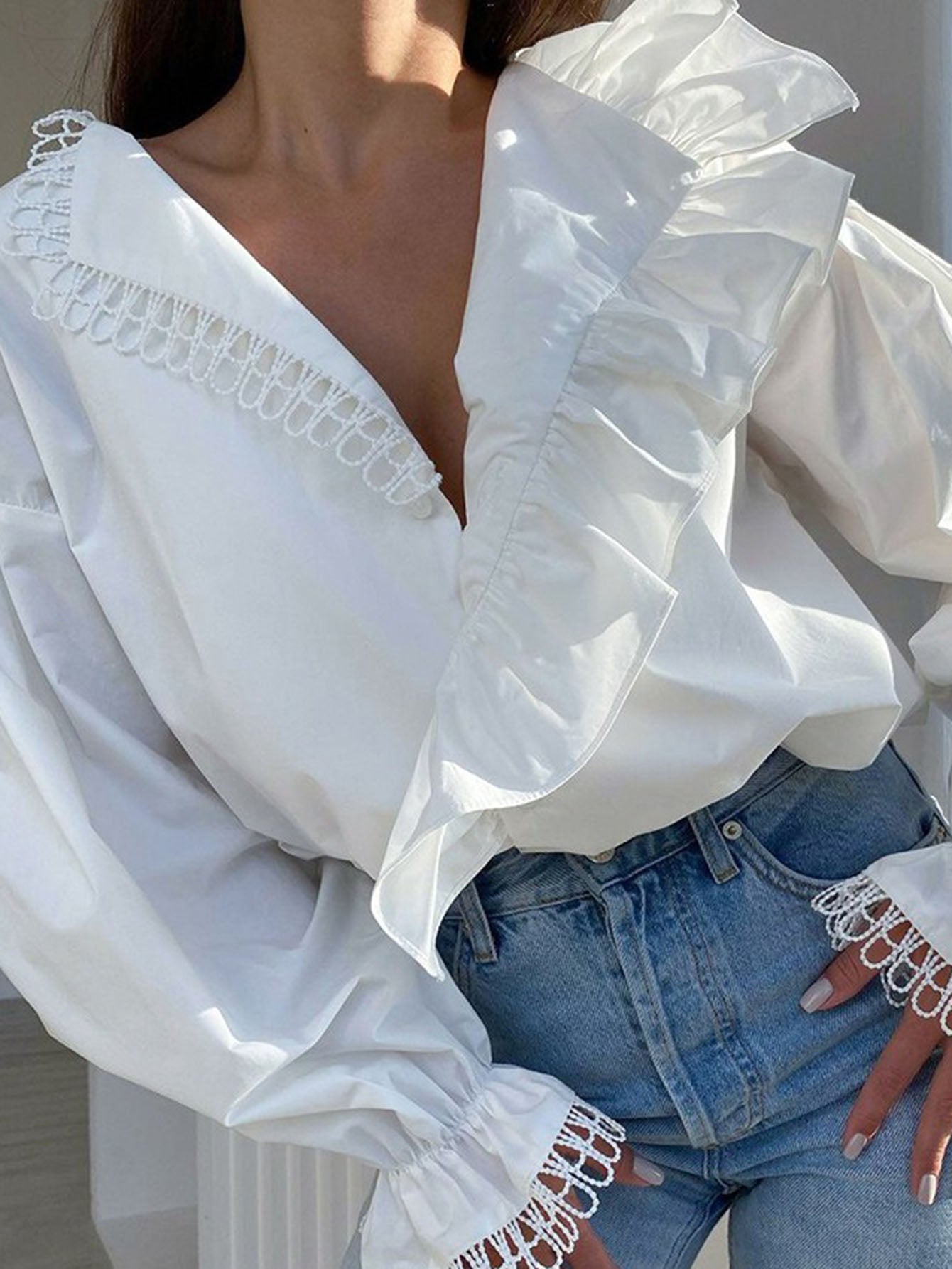 French Ruffle Lace Patchwork Blouse