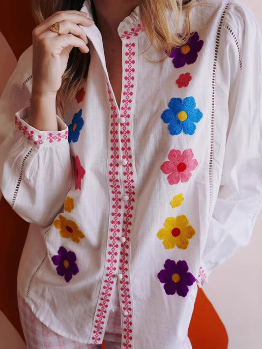 Floral Embroidered Ruffled Long-Sleeved Blouse
