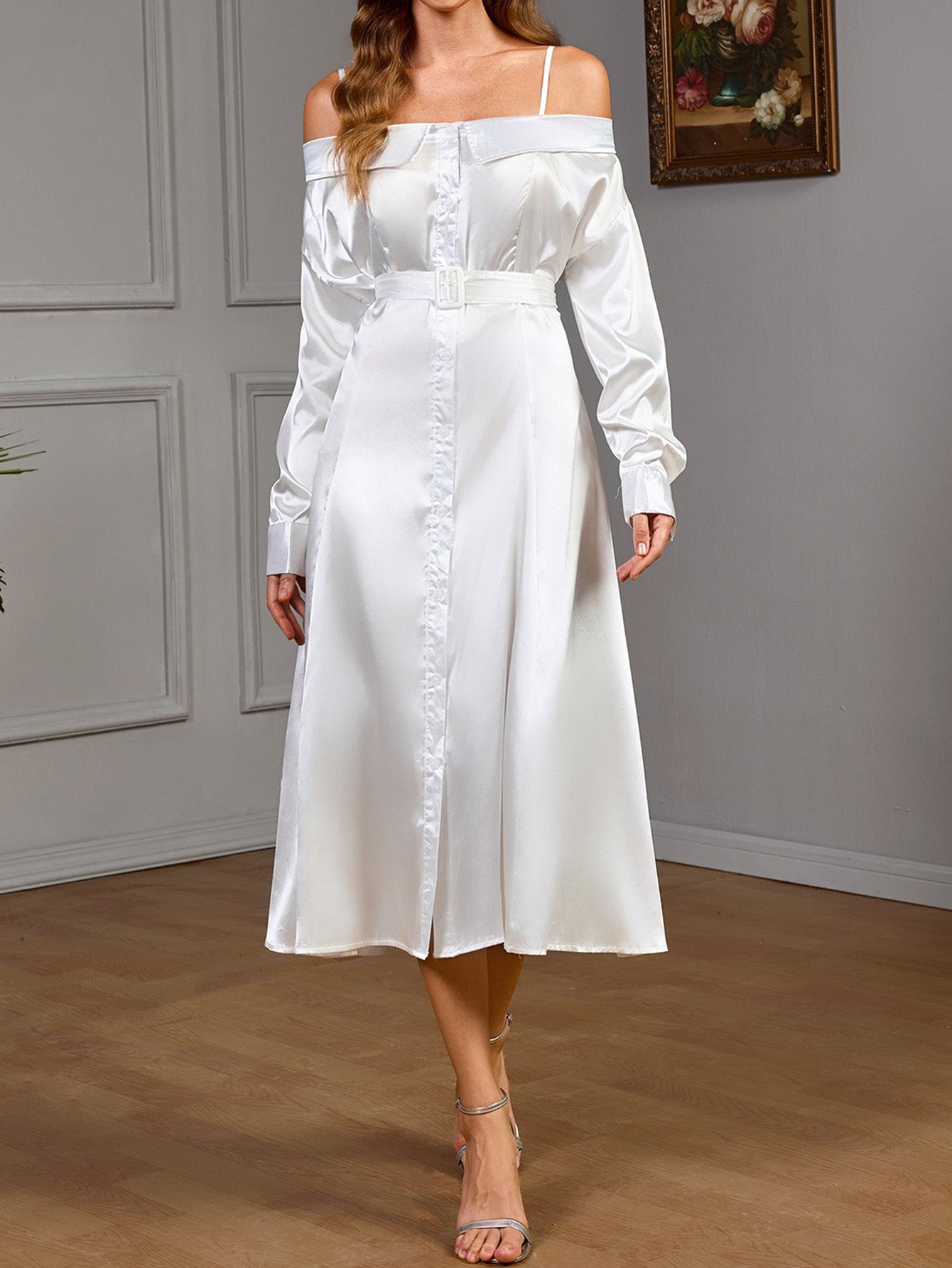 Off-Shoulder Long-Sleeved Satin Midi Dress