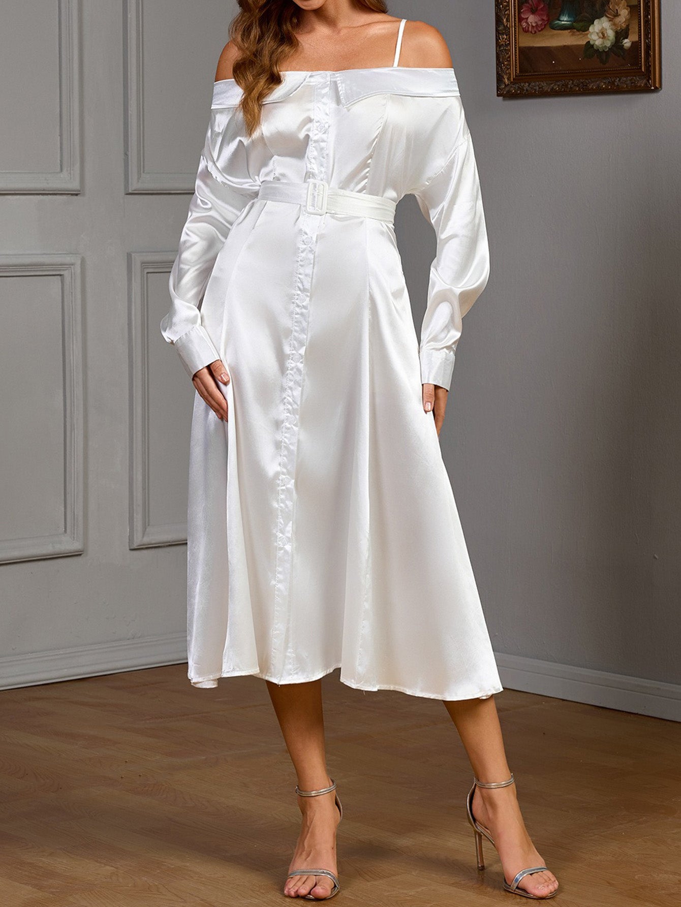 Off-Shoulder Long-Sleeved Satin Midi Dress