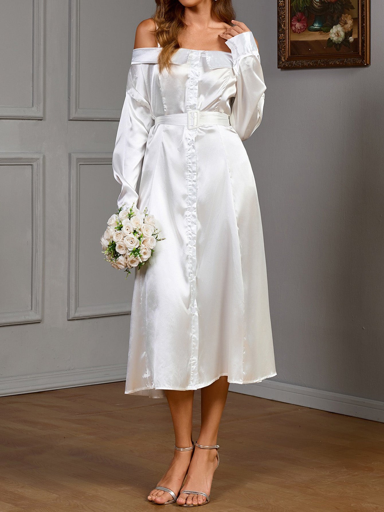 Off-Shoulder Long-Sleeved Satin Midi Dress