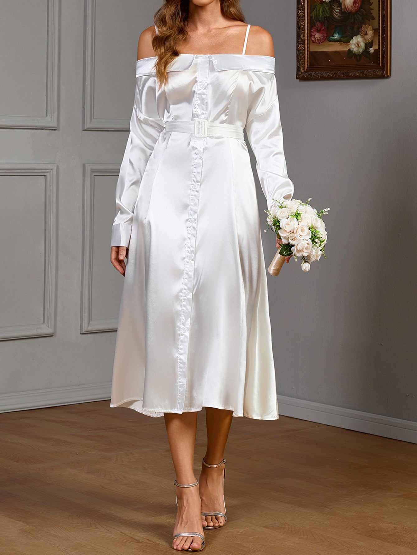 Off-Shoulder Long-Sleeved Satin Midi Dress