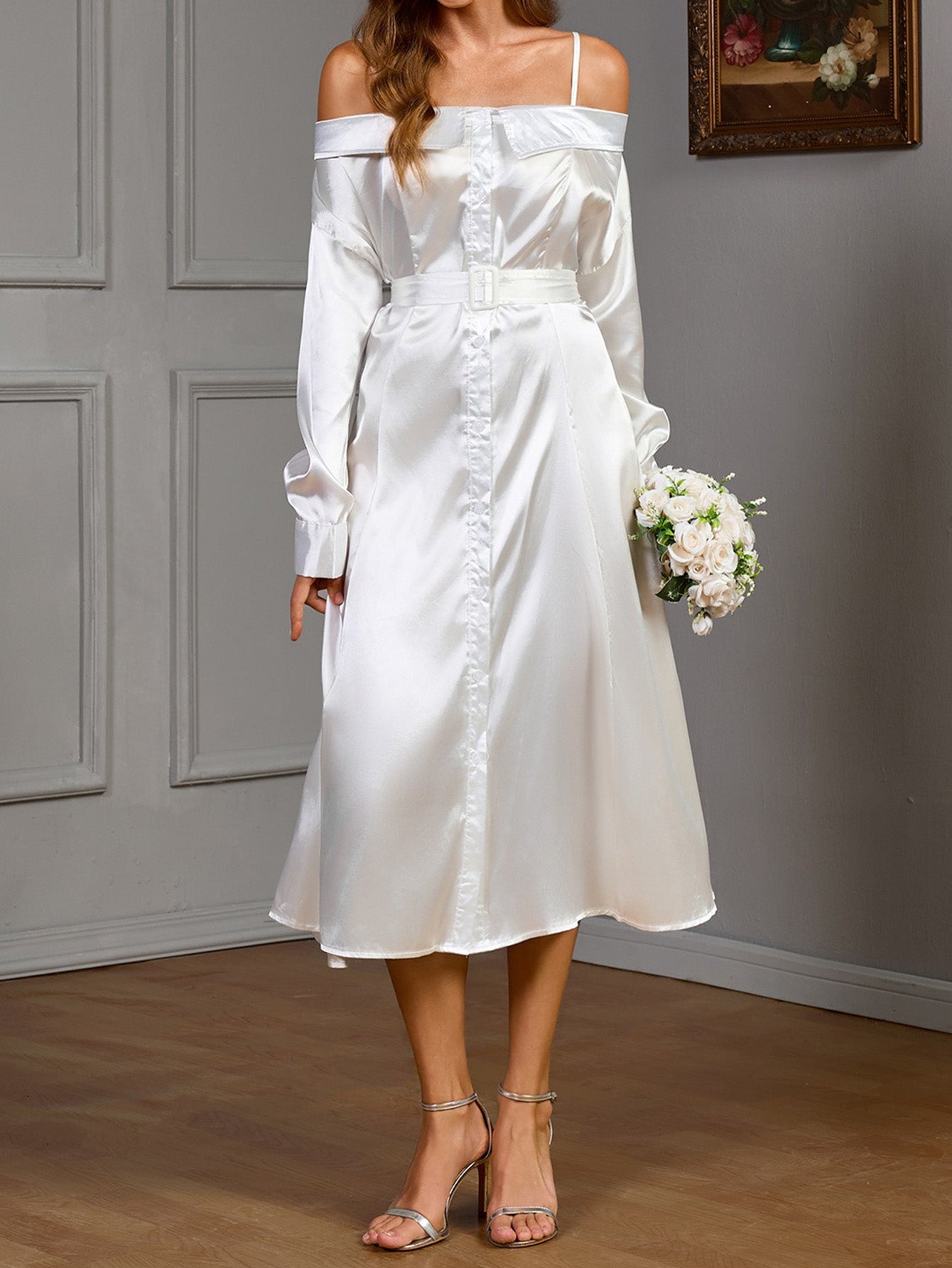 Off-Shoulder Long-Sleeved Satin Midi Dress