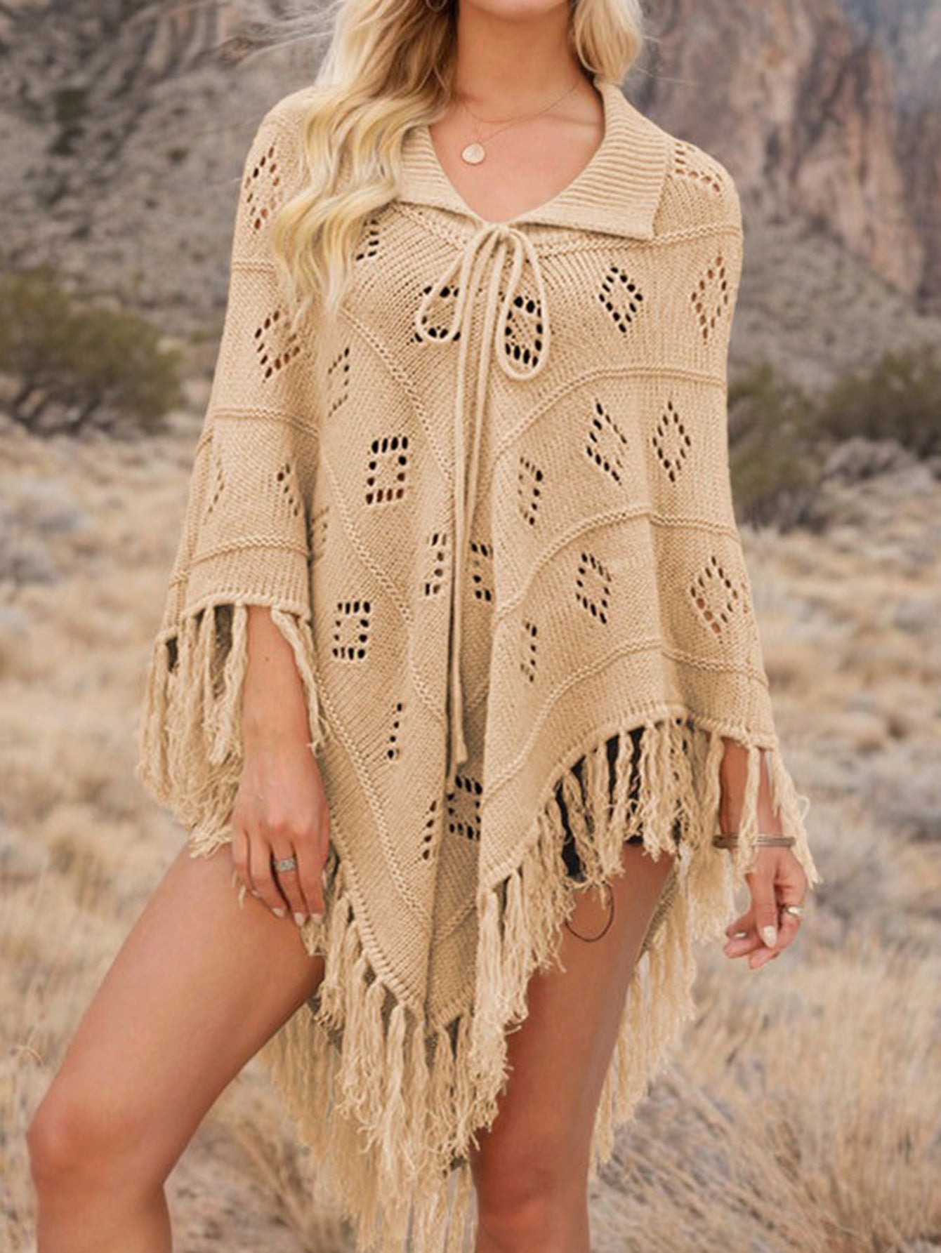 Irregular Fringed Hem Cape Sweater