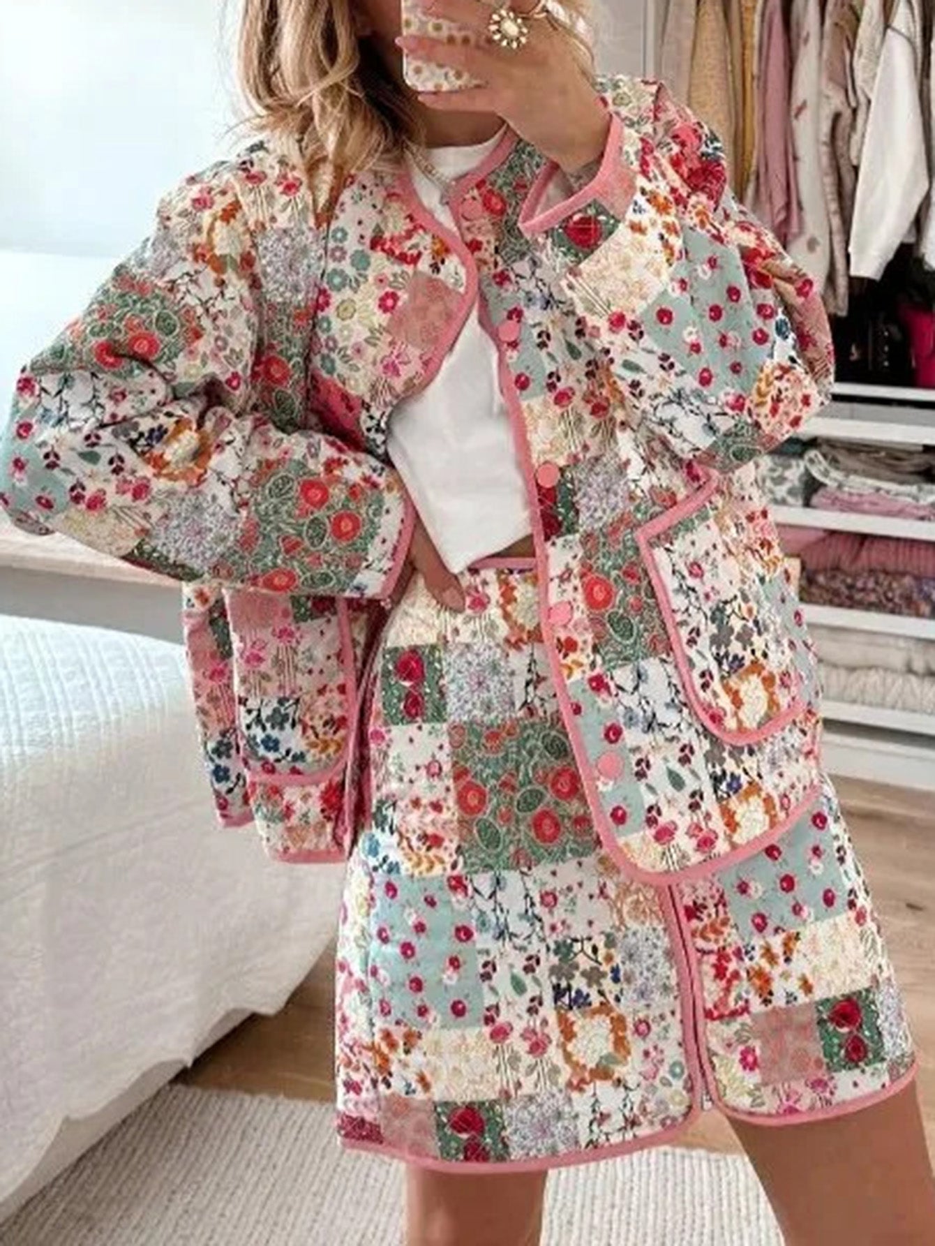 Floral Panel Quilted Button-Down Jacket
