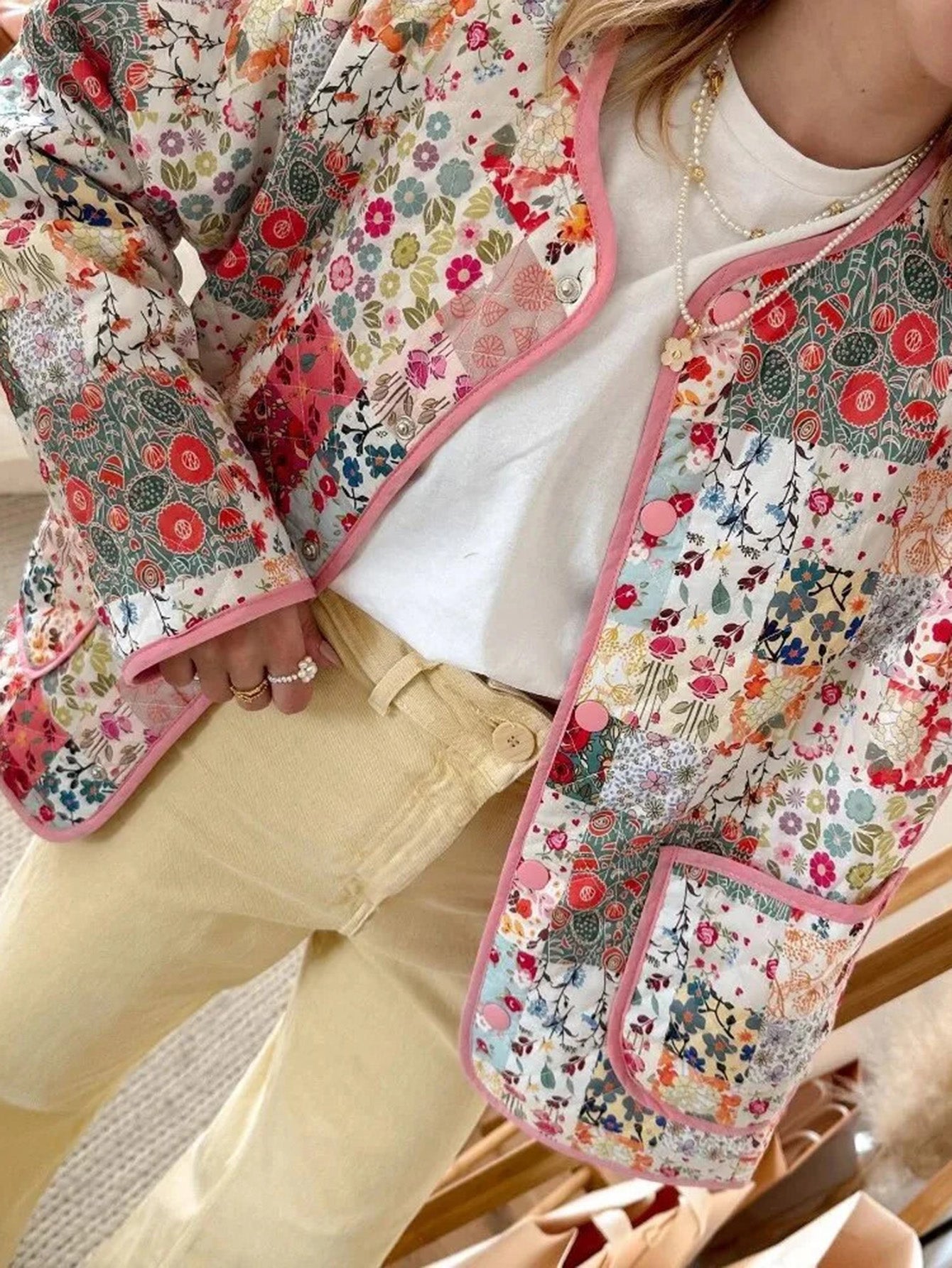 Floral Panel Quilted Button-Down Jacket