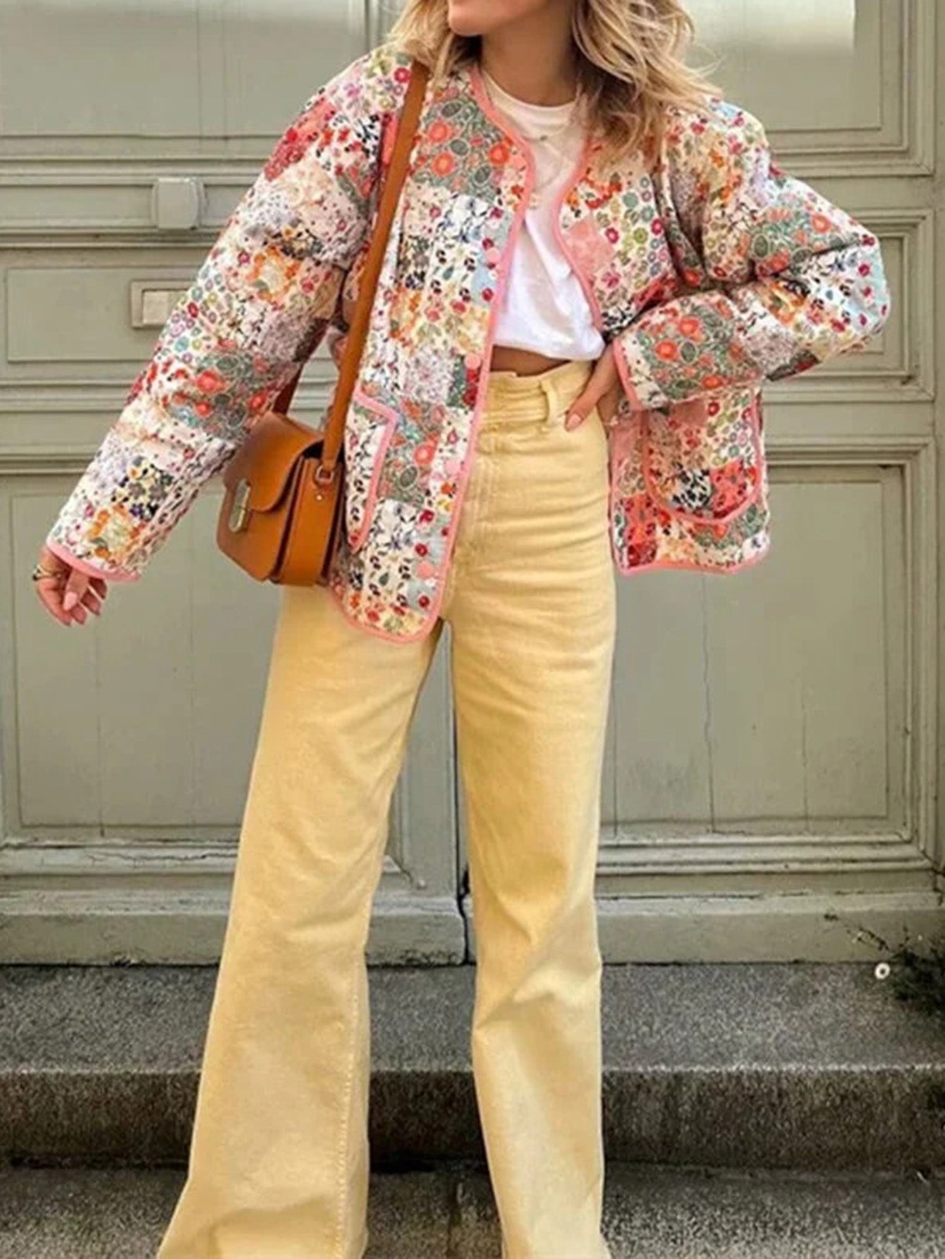 Floral Panel Quilted Button-Down Jacket