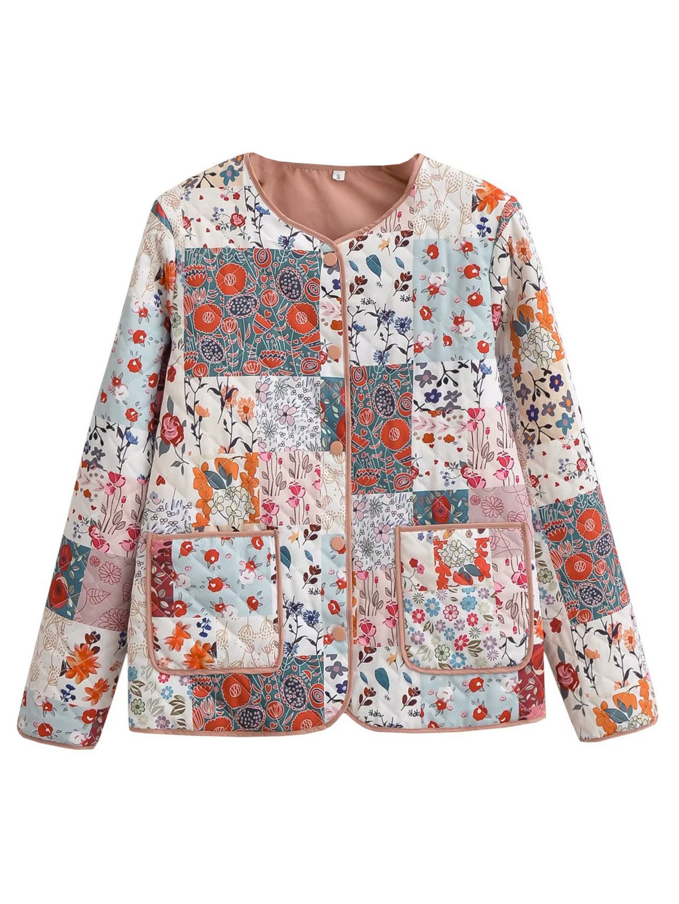 Floral Panel Quilted Button-Down Jacket