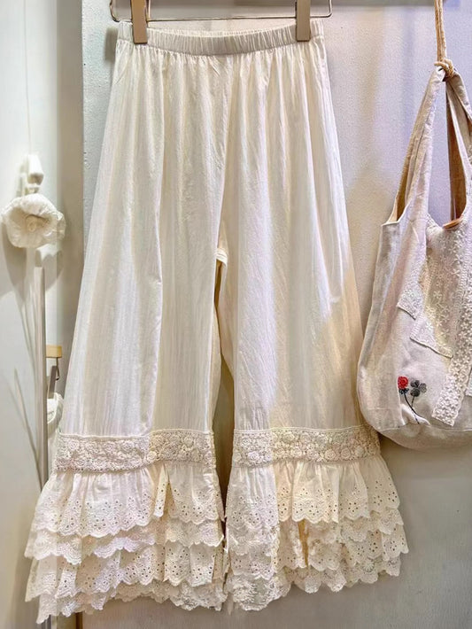 Layered Lace Ruffles At Hem Wide-Leg Pants