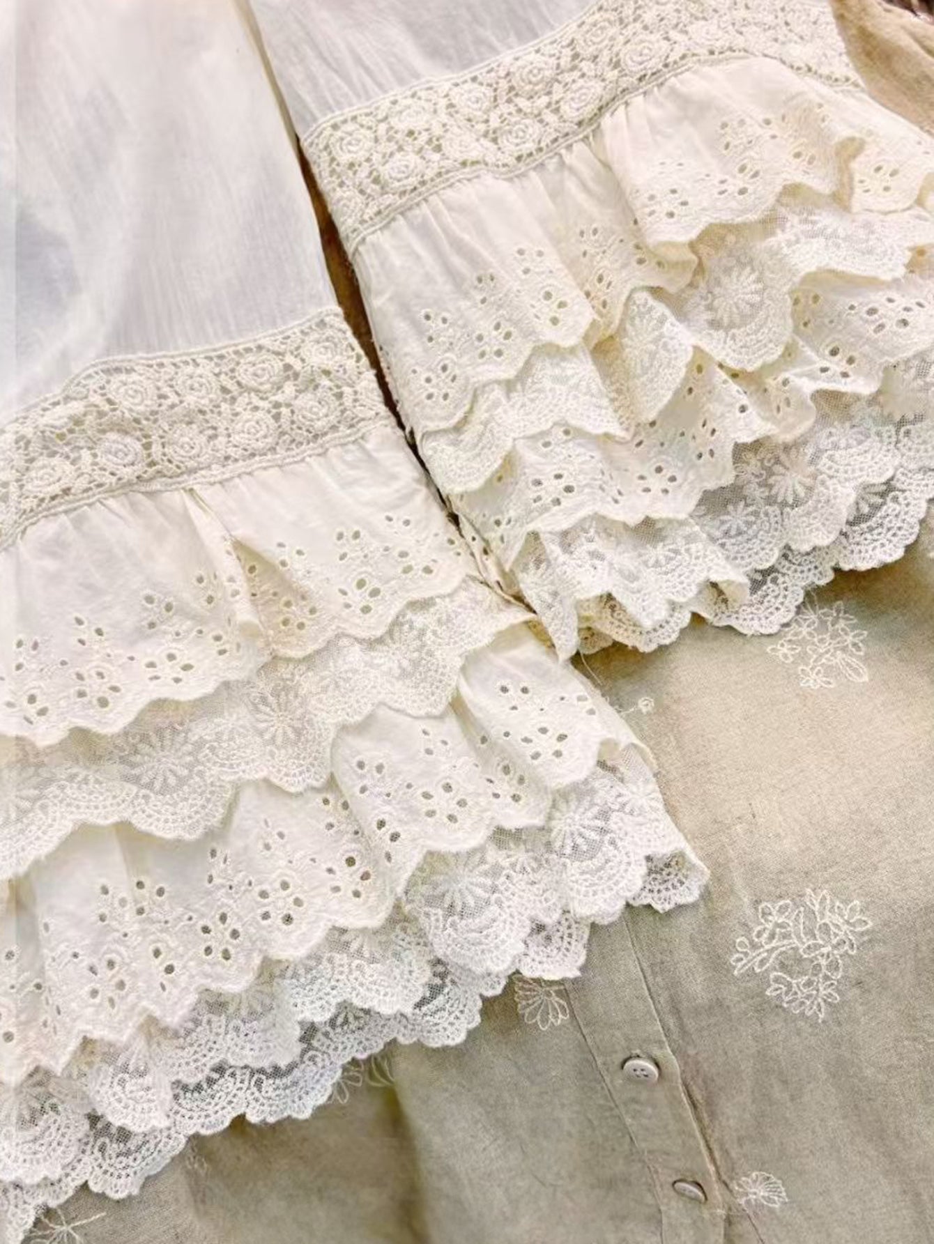 Layered Lace Ruffles At Hem Wide-Leg Pants