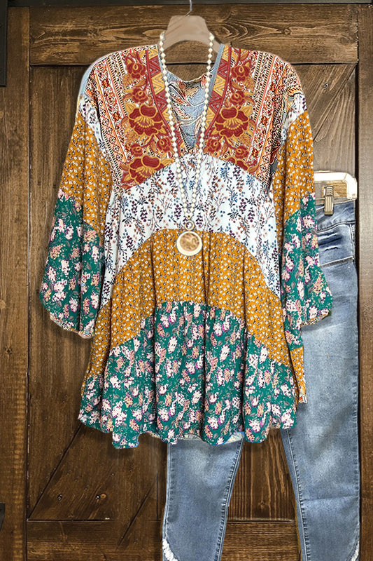 Casual Embroidered Patchwork Printed V-neck Top