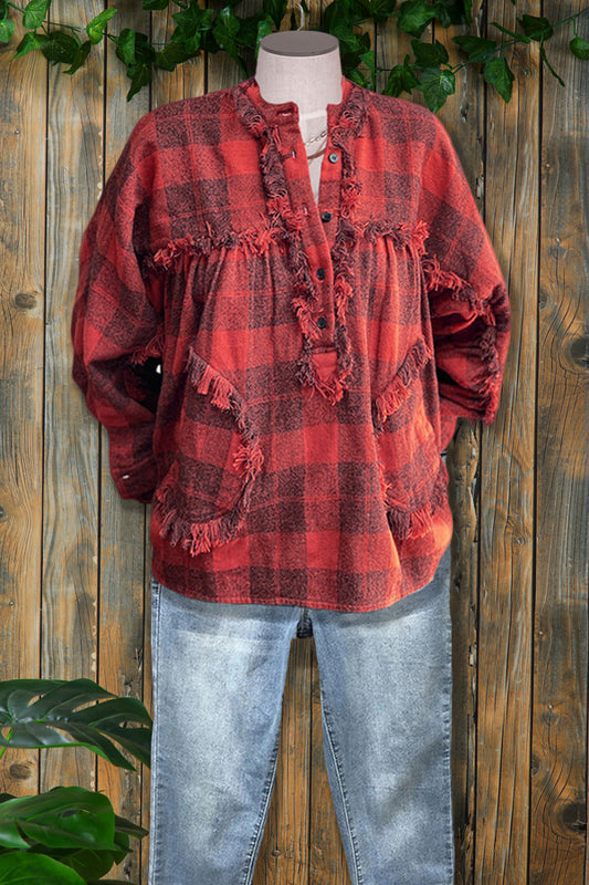 Vintage Frayed Paneled Plaid Button Top