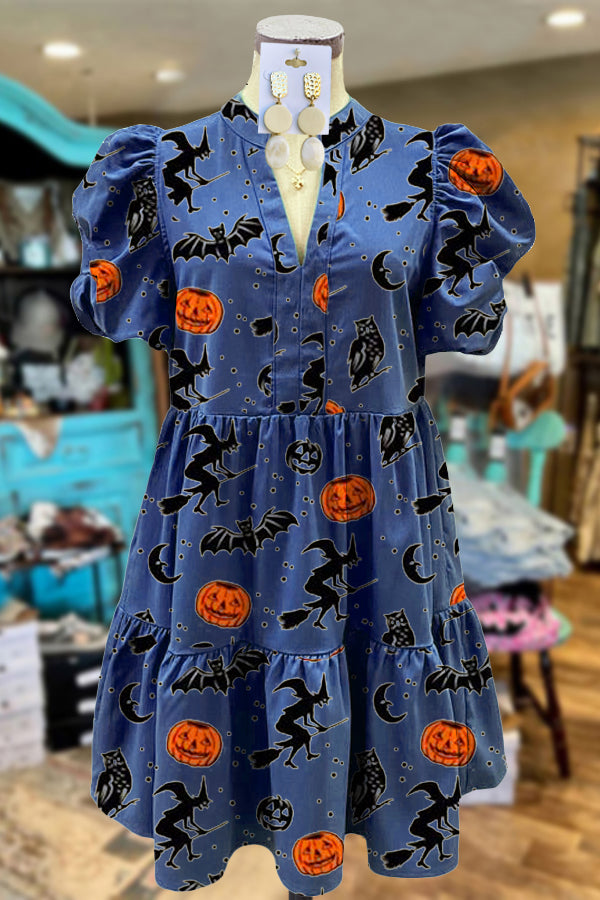 Elegant Puff Sleeve Pumpkin Print Midi Dress