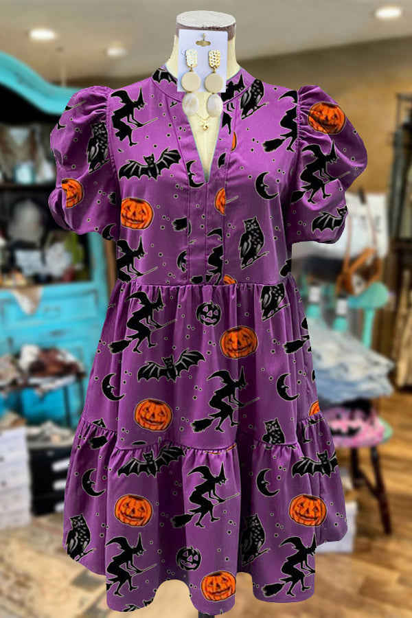 Elegant Puff Sleeve Pumpkin Print Midi Dress
