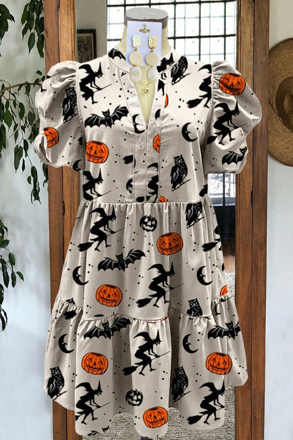 Elegant Puff Sleeve Pumpkin Print Midi Dress