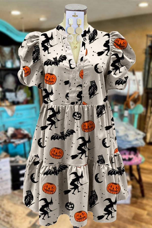 Elegant Puff Sleeve Pumpkin Print Midi Dress