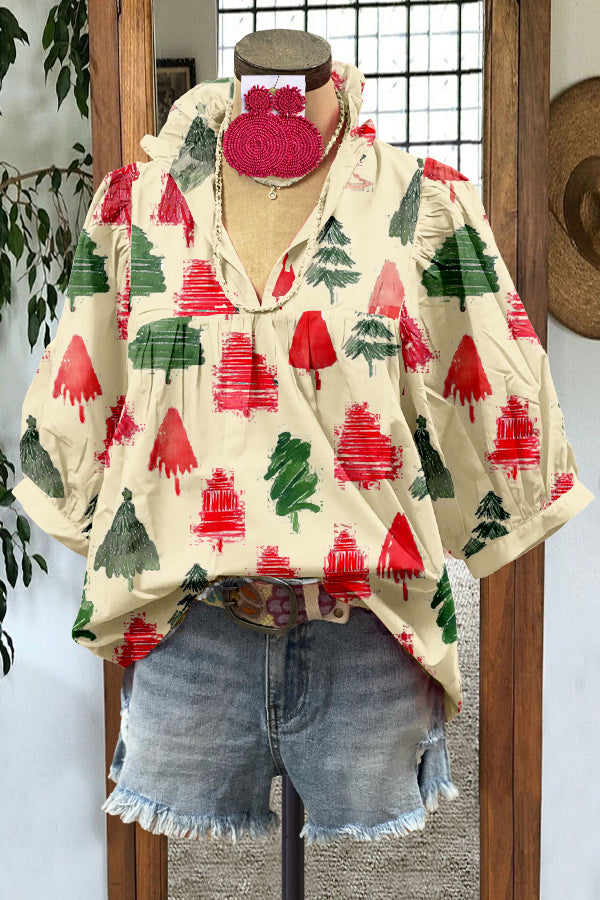 Elegant Color Blocking Christmas Tree Print Puff Sleeve Top