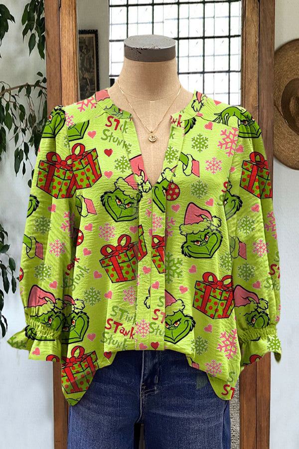 Elegant Puff Sleeve Grinch Contrasting Printed Top