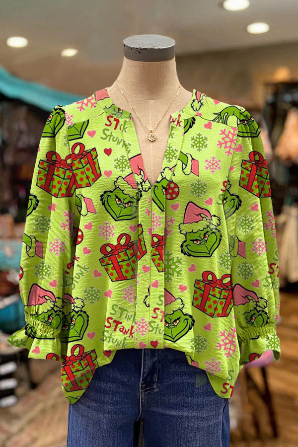 Elegant Puff Sleeve Grinch Contrasting Printed Top
