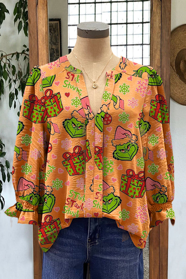 Elegant Puff Sleeve Grinch Contrasting Printed Top