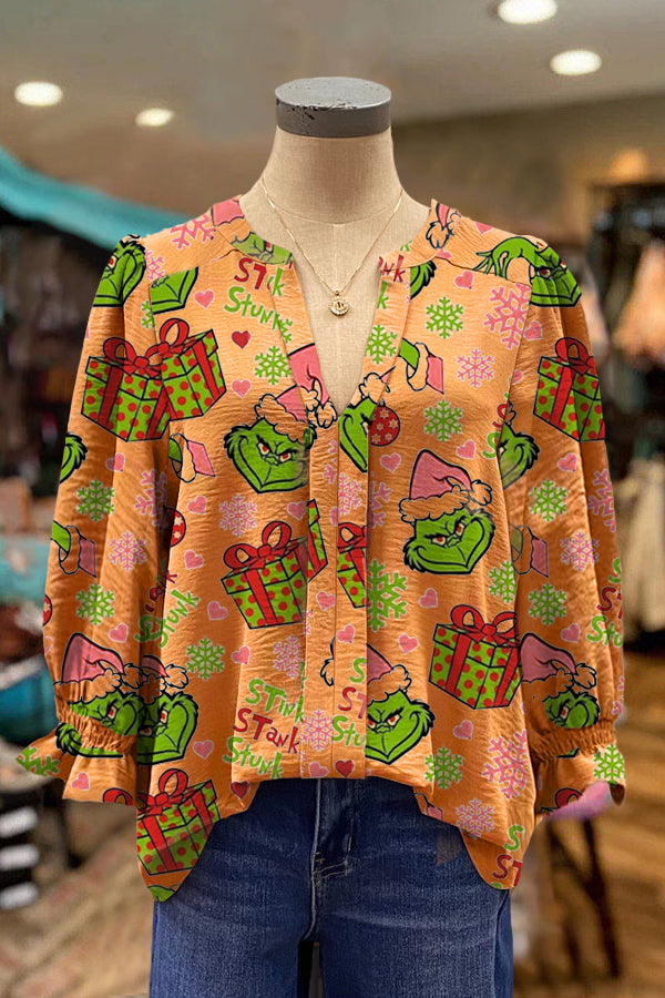 Elegant Puff Sleeve Grinch Contrasting Printed Top