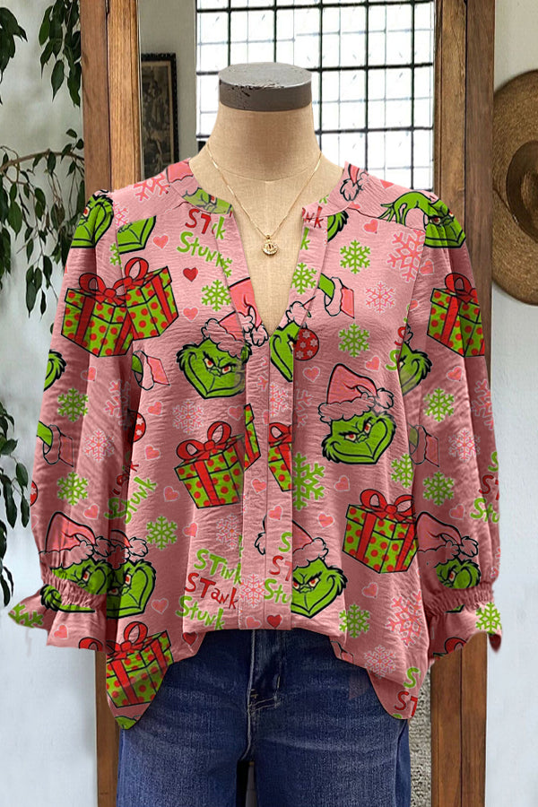 Elegant Puff Sleeve Grinch Contrasting Printed Top