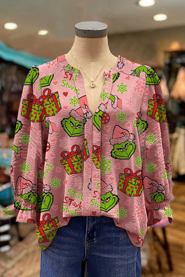 Elegant Puff Sleeve Grinch Contrasting Printed Top