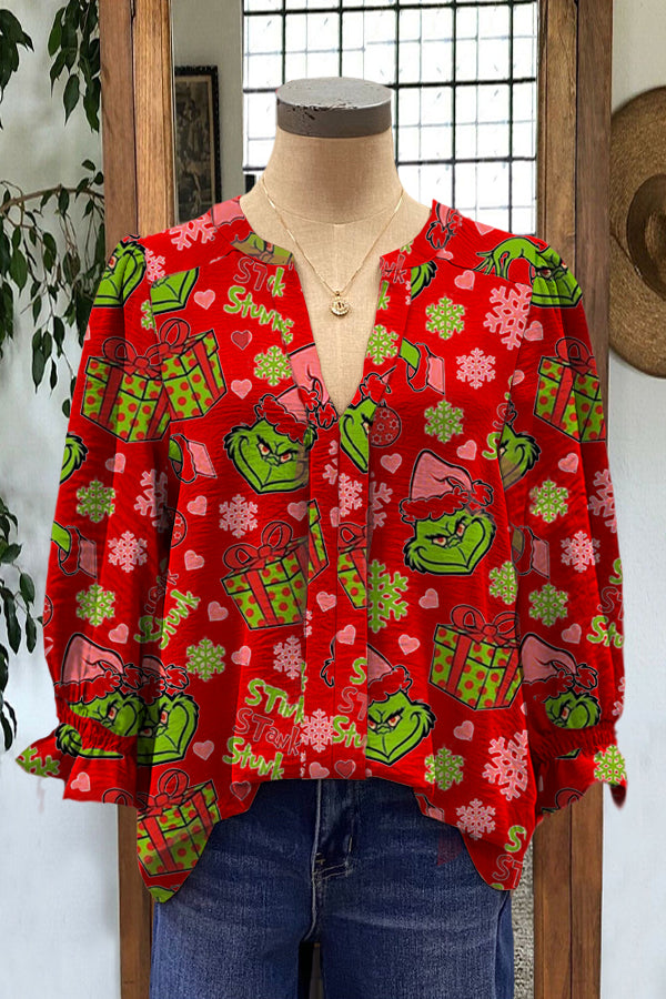 Elegant Puff Sleeve Grinch Contrasting Printed Top