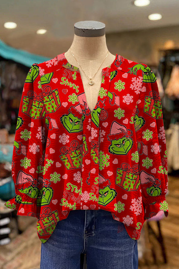 Elegant Puff Sleeve Grinch Contrasting Printed Top