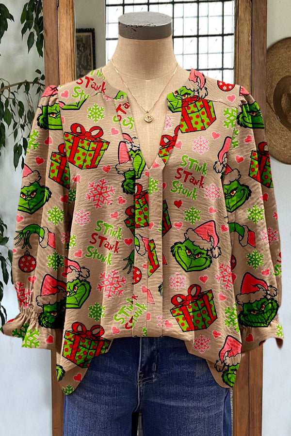 Elegant Puff Sleeve Grinch Contrasting Printed Top