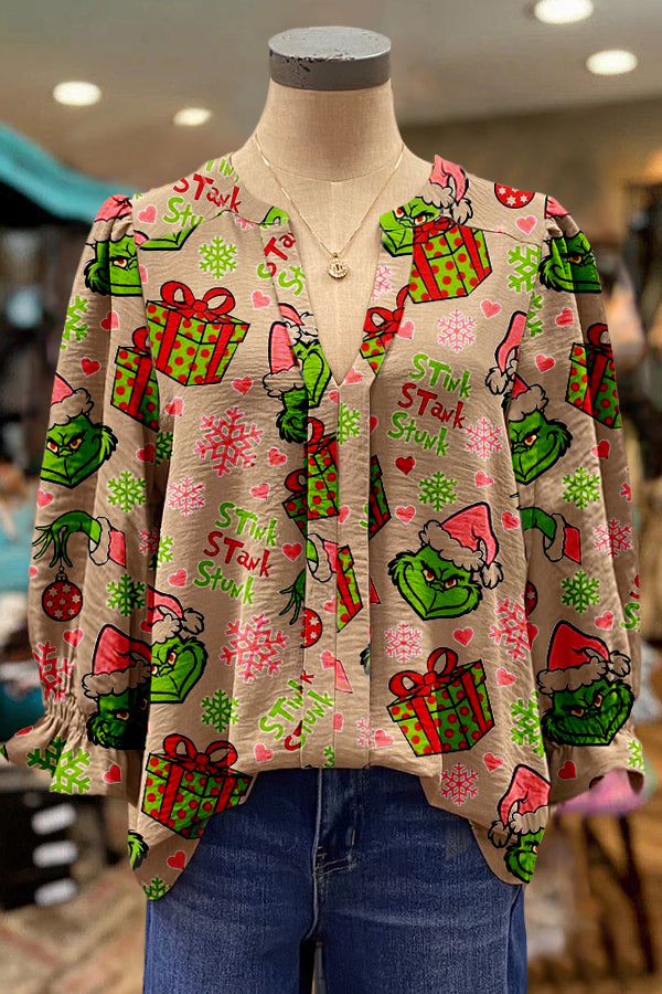 Elegant Puff Sleeve Grinch Contrasting Printed Top