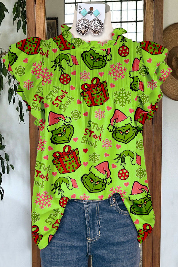 Elegant Ruffled Grinch Contrast Print Top